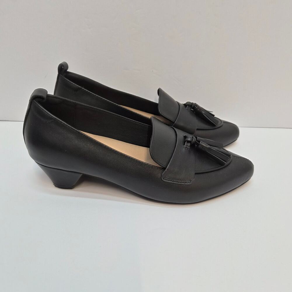 WYDR Simone Black Leather Pointy Toe Dress Loafers Heel Tassel Academia Career